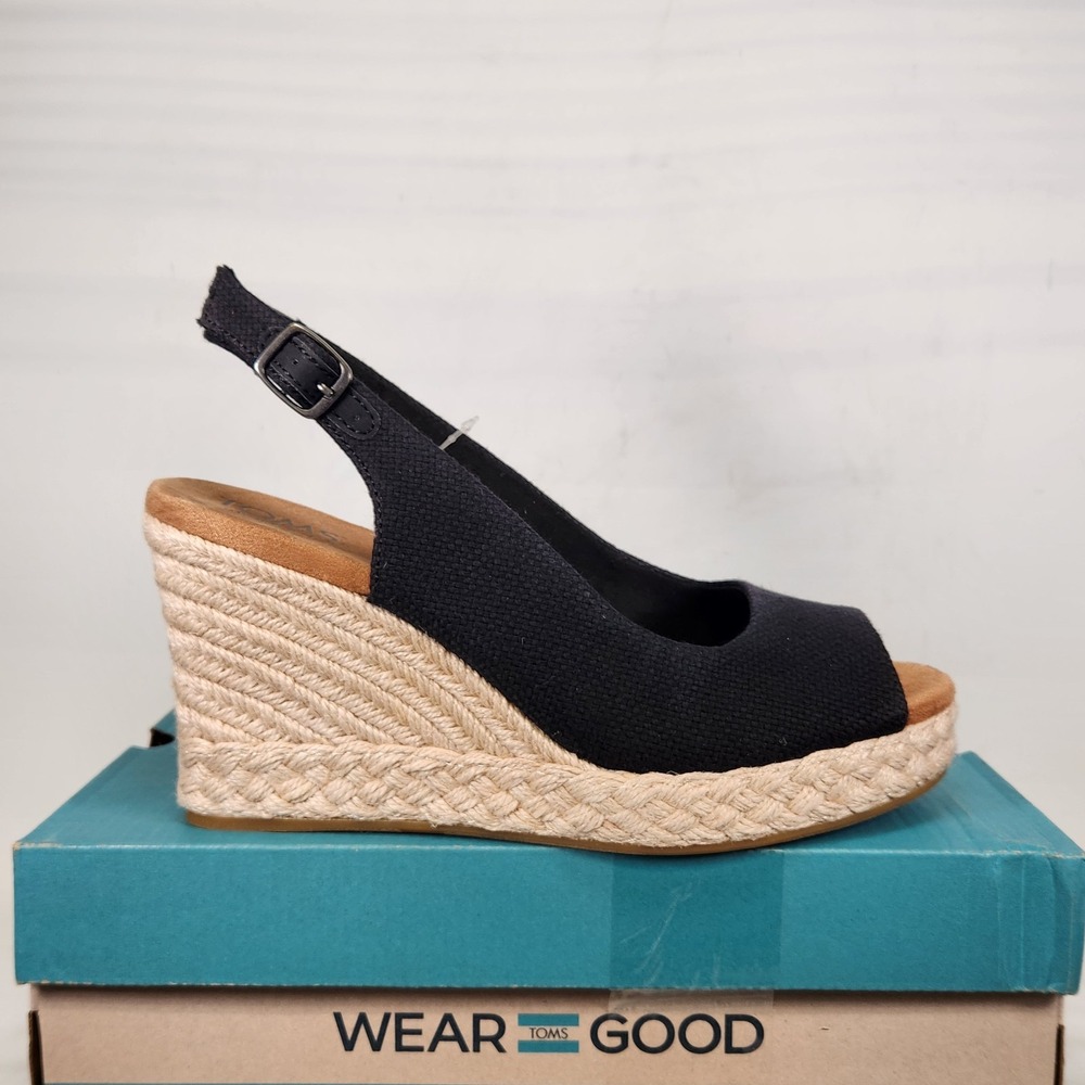 TOMS Camilla Wedge Sandals Women Size 8.5 Black Basketweave Espadrille Peep Toe